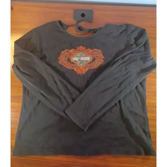 Vintage Women's Harley Davidson Logo Long Sleeve Black Shirt With Tie Back - Picture 9 of 10